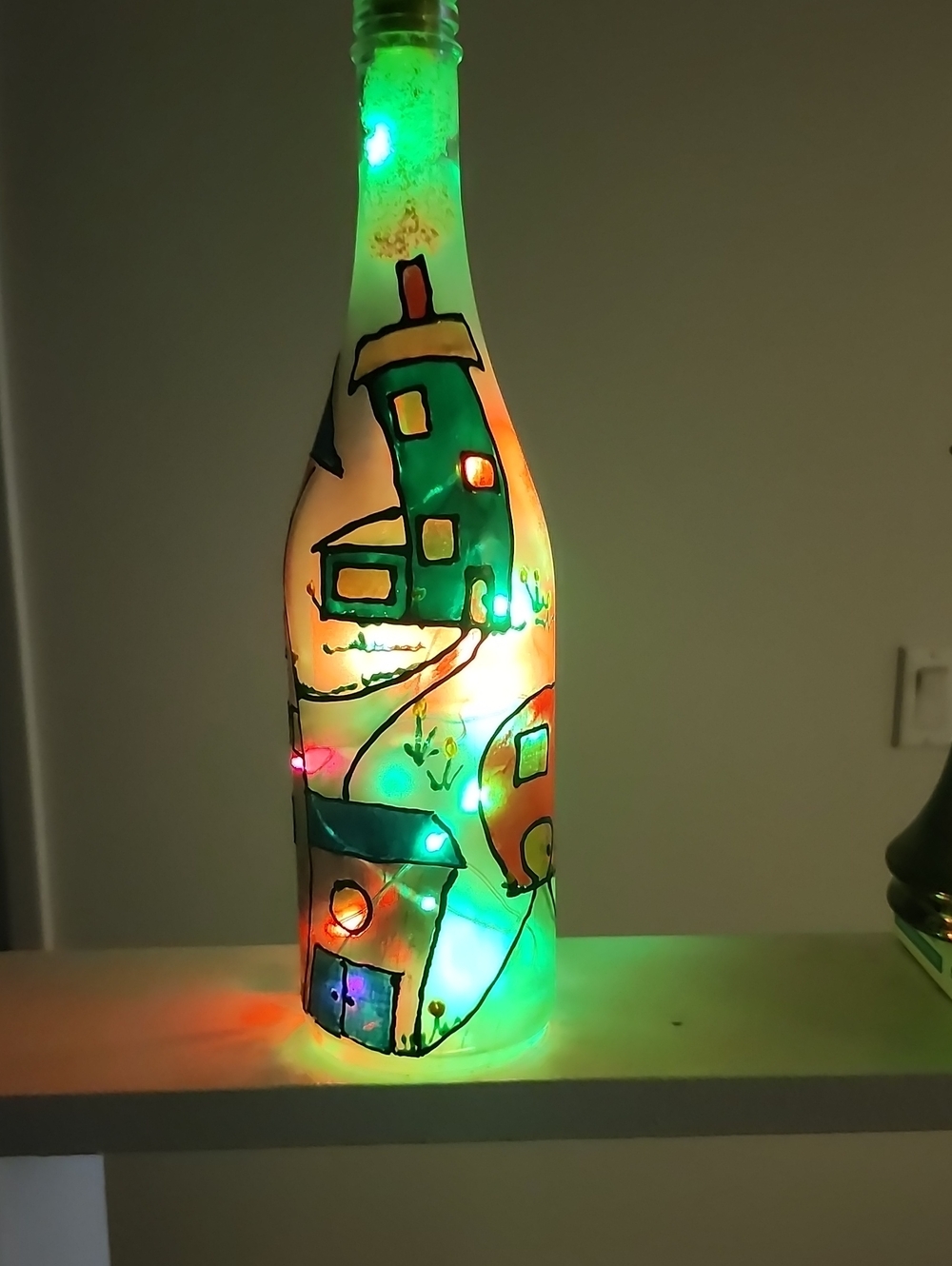 Hand-Painted Decorative Bottle Lamp in Green and Multicolor